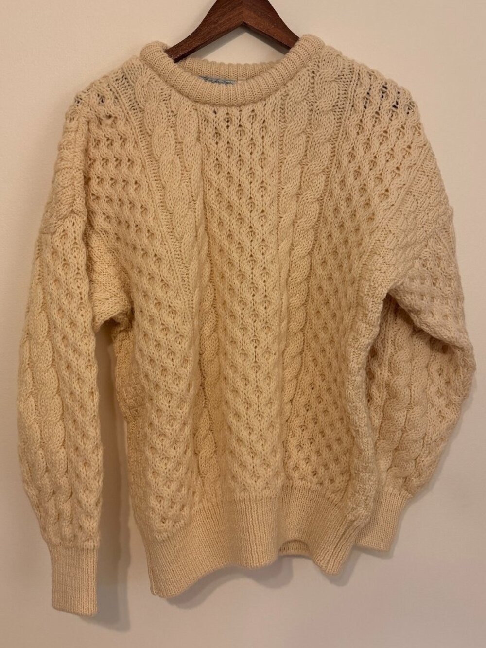 Vintage Gaeltarra Aran Wool Sweater, Cream Fisherman Knit, Size M